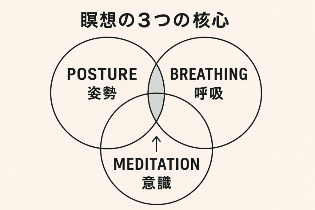 姿勢・呼吸・意識の3要素が交わる中心に「瞑想」が配置された円形チャート。3つの要素が重なり合い、相互に高め合う構造図