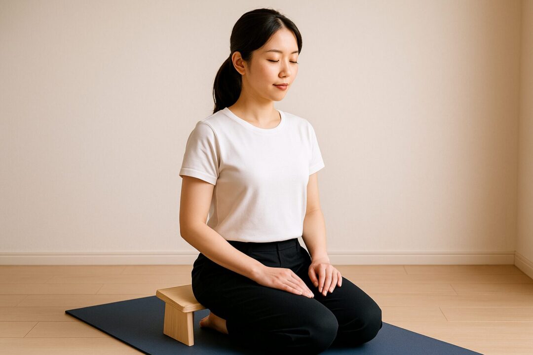 落ち着いた和室風の空間で、禅ベンチに腰をかけ正座で静かに座る日本人女性。姿勢が整い、心身の安定を感じさせる瞑想シーン