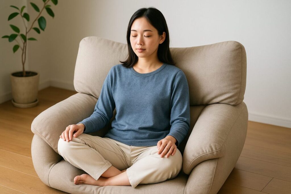 明るい室内で、胡座を組みながらサポートソファに座る日本人女性。落ち着いた表情と空間が、穏やかで快適なひとときを演出している。